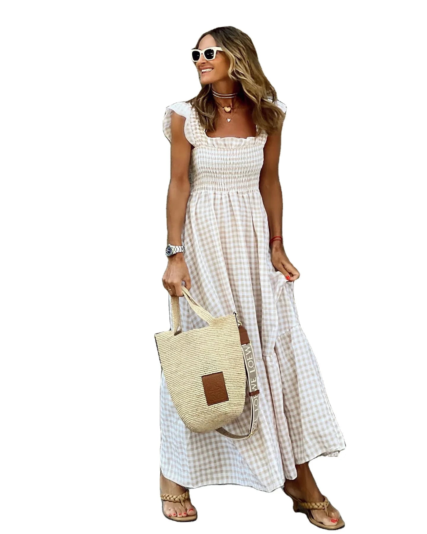 Dresses Women Lady Elegant Apparel Women Sleeveless Plaid Ruched Dress Casual Dresses