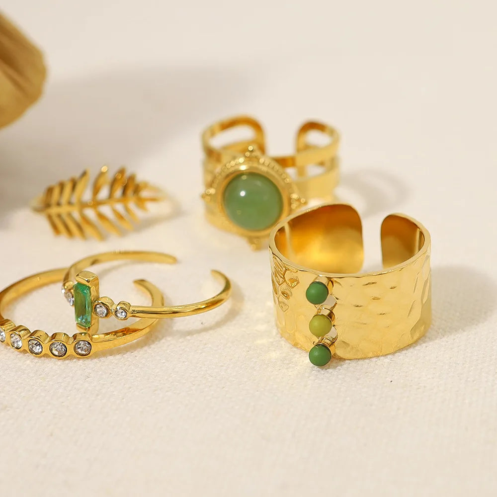 Hand Jewelry Wholesale 18K Gold Titanium Steel Inlaid With Green Natural Stone Ring Retro Set Ring