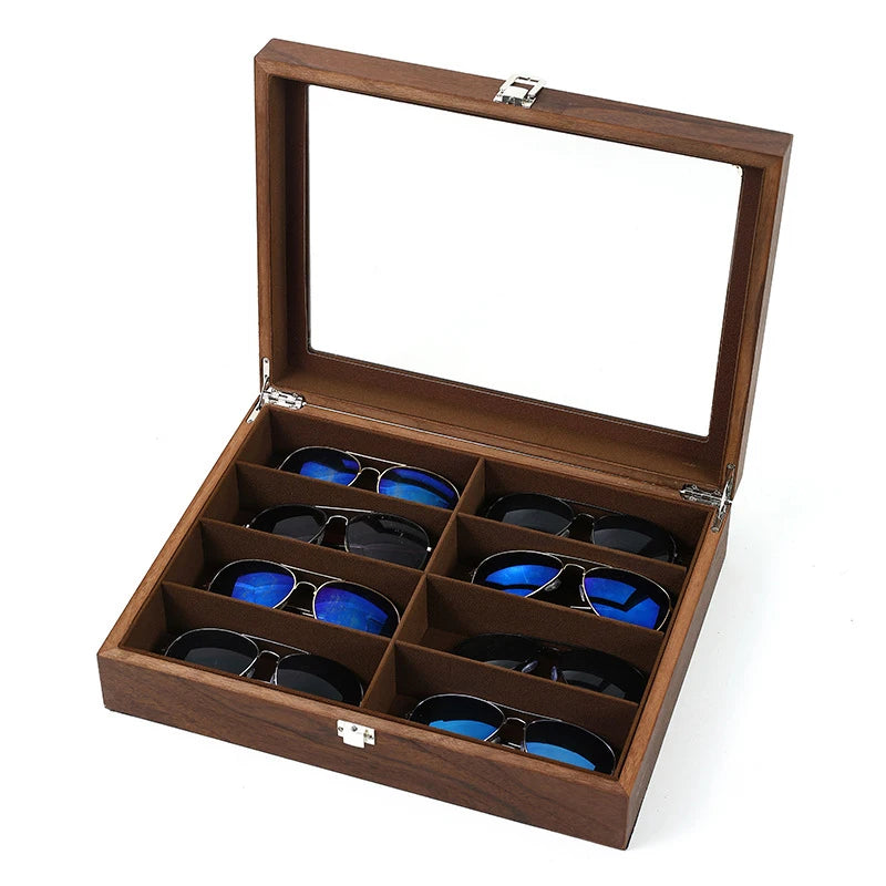 Luxury Walnut Wood 8 Grids Sunglasses Storage Case ECO-Friendly Eyewear Display Box Glasses Tray Organiser