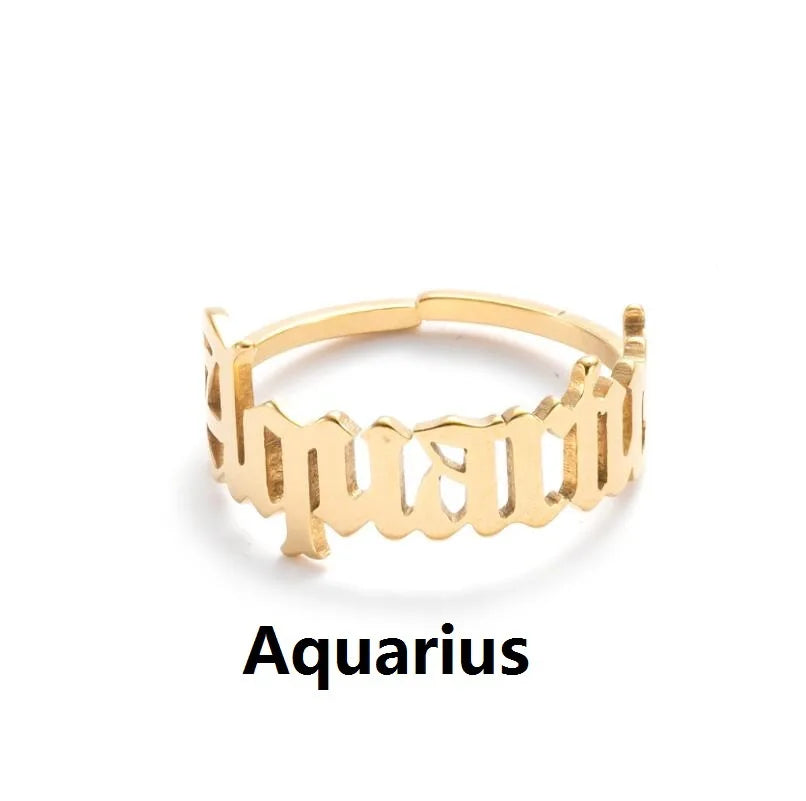 Custom Old English Letter 18k Gold Plated Zodiac Ring Stainless Steel Adjustable Zodiac Constellations Rings
