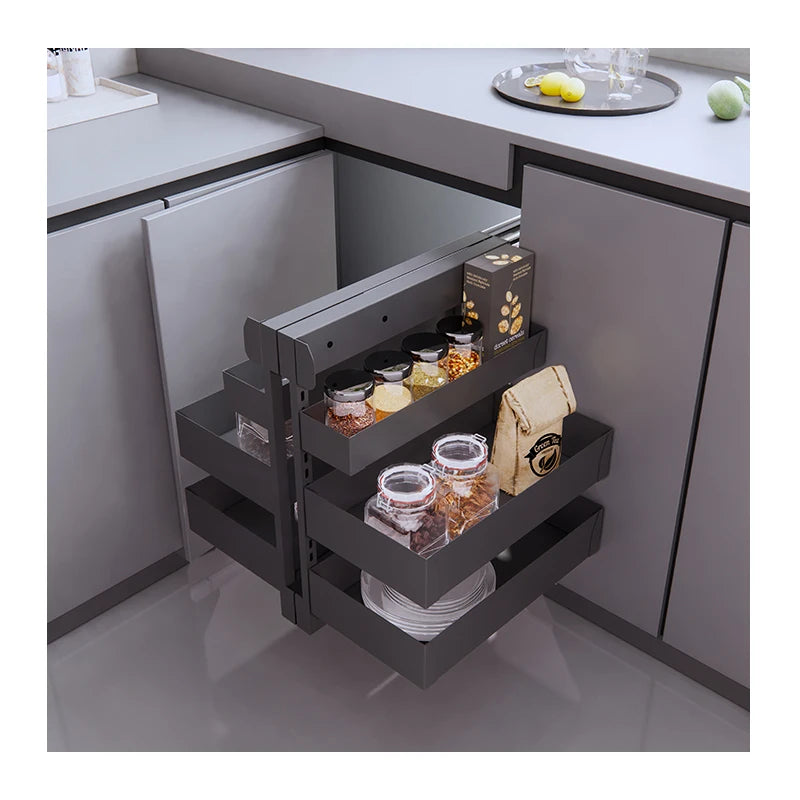 Magic Corner Basket for Kitchen Cabinets Heavy Duty Soft Close Slide Pull Out Modern Customizable Color