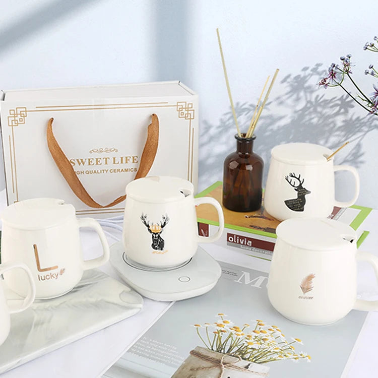 55 Degree White Warmer Constant Temperature Coaster Tea Cup Mat Ceramic Letter Coffee Heater Mug
