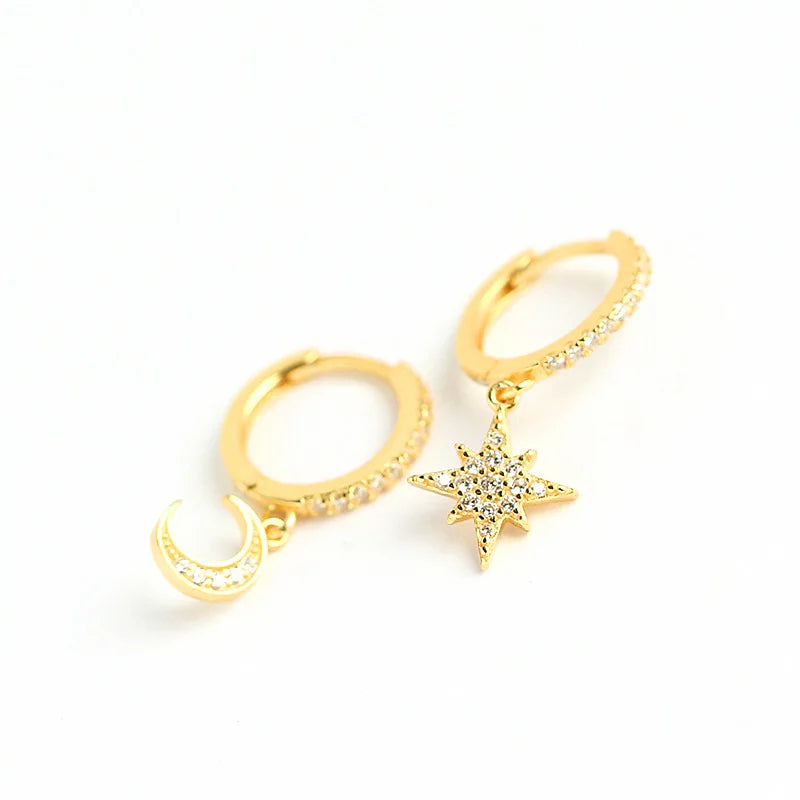 Rainbowking Light Luxury S925 Sterling Silver Star Moon Asymmetric Fashion Diamond Star Moon Dangling Earrings