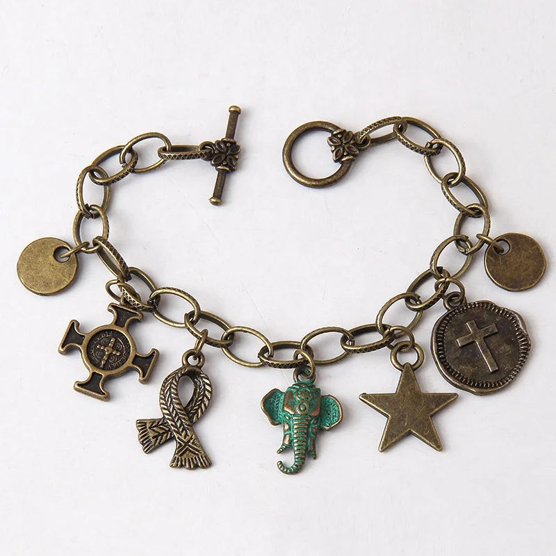 Gold Link Chain Charm Animal Star Pendant Bracelets Simple Bling Crystal Elephant Charm Bronze Chain Bracelet