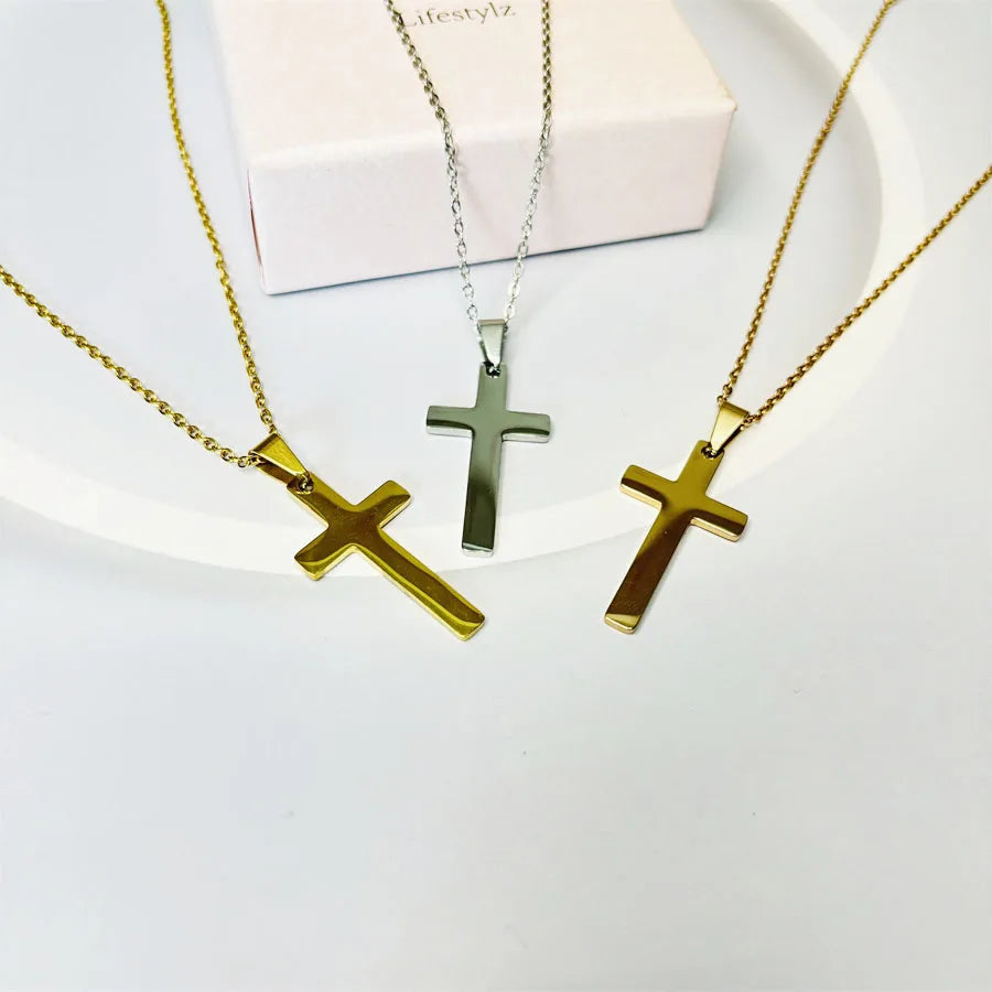 Luxury Women's Stainless Steel Waterproof 18K Gold Plated Cross Pendant Trendy Necklaces Chains for Anniversary