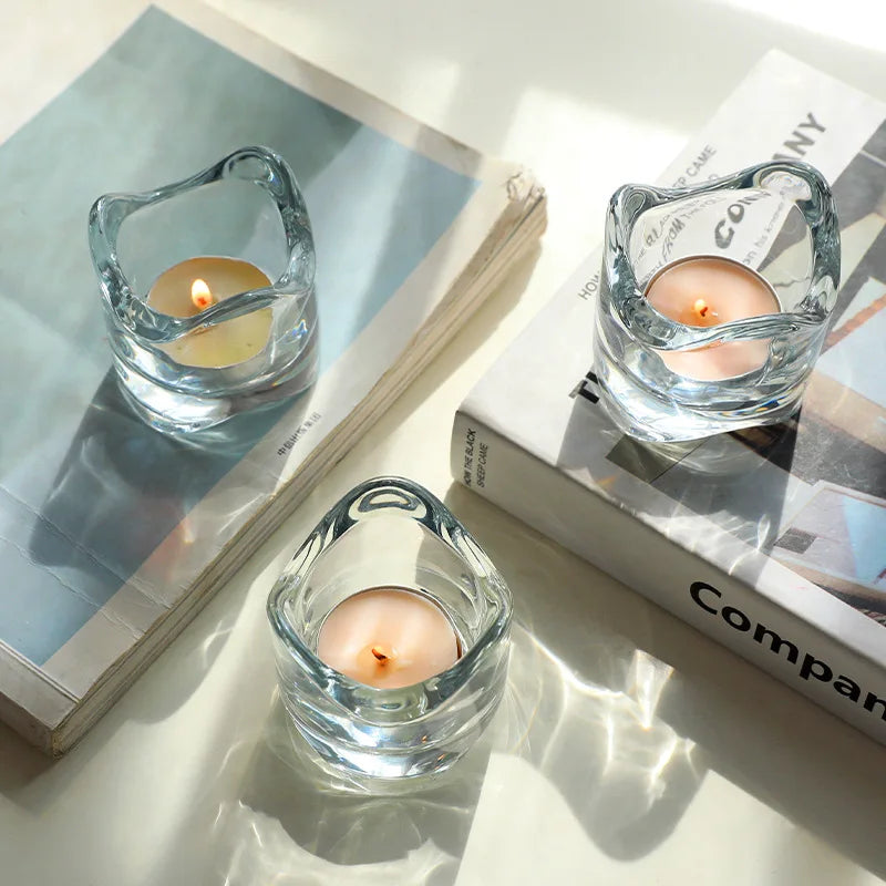 Nordic Style Japanese Small Fresh Wavy Edge Glass Candlestick Holder Simple Romantic Desktop Decoration with Ornate Candle Cup
