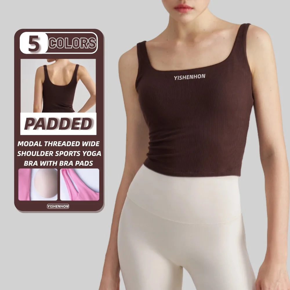 YISHENHON Women's Gym Bras Removable Cup Crop Yoga Tops Skin-Friendly Ribbed Fitness Sports Tanks Low Square Necked Stocked Sets