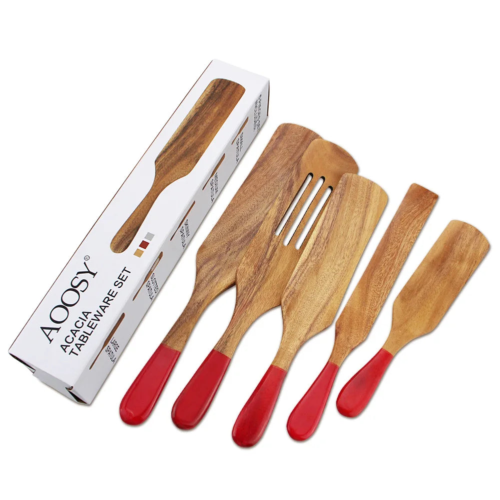 Mutoulao High Quality Eco-friendly Acacia Wood 5-Piece Kitchen Utensil Set with Red Print Handles Wooden Spatula Hand Wash Only