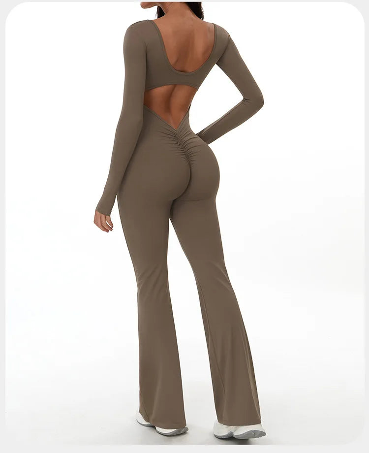 3104 Long Women's Sports Bodysuit Quick Dry Backless Flare Wide Leg Sleeveless Jumpsuit with Butt Lift Yoga Jumpsuit