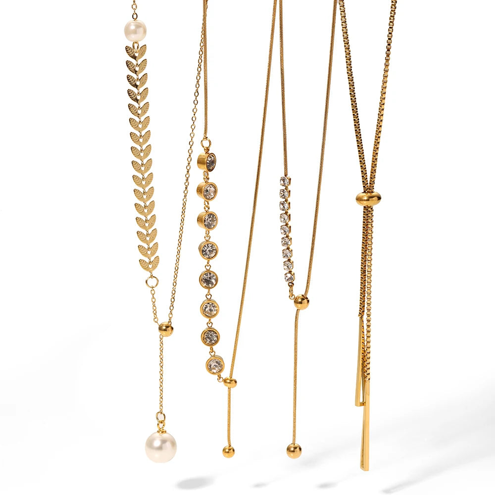 Luxury Stainless Steel 18K Gold Plated Y Shape Long Tassel Cubic Zircon Shell Pearls Women Necklace