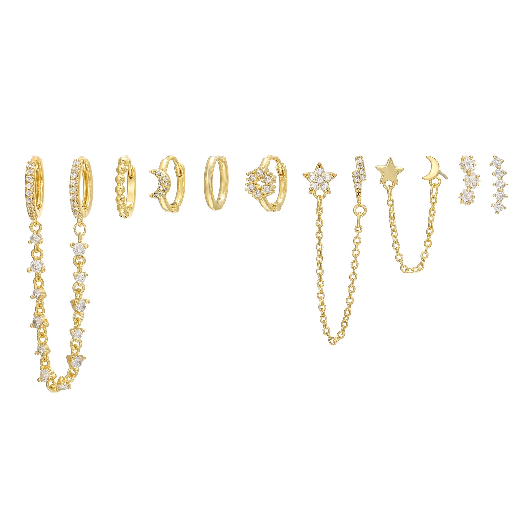 10pcs Korean Style Gold Earrings Set Star Moon Zircon Tassel Chain Fashionable Personalized Accessories for Women Weddings