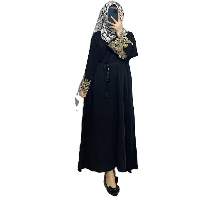 2024 Hot Sale Plain Color Free Size Free Belt Embroidery Cuff Palestinian Muslim Women Modest Abaya