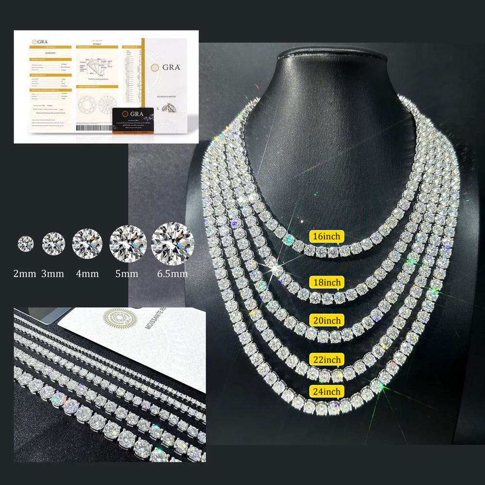 Fine Jewelry Hip Hop 925 Sterling Silver D VVS Moissanite Diamond Cluster Iced Out Tennis Chain Bracelet Necklace for Men Women