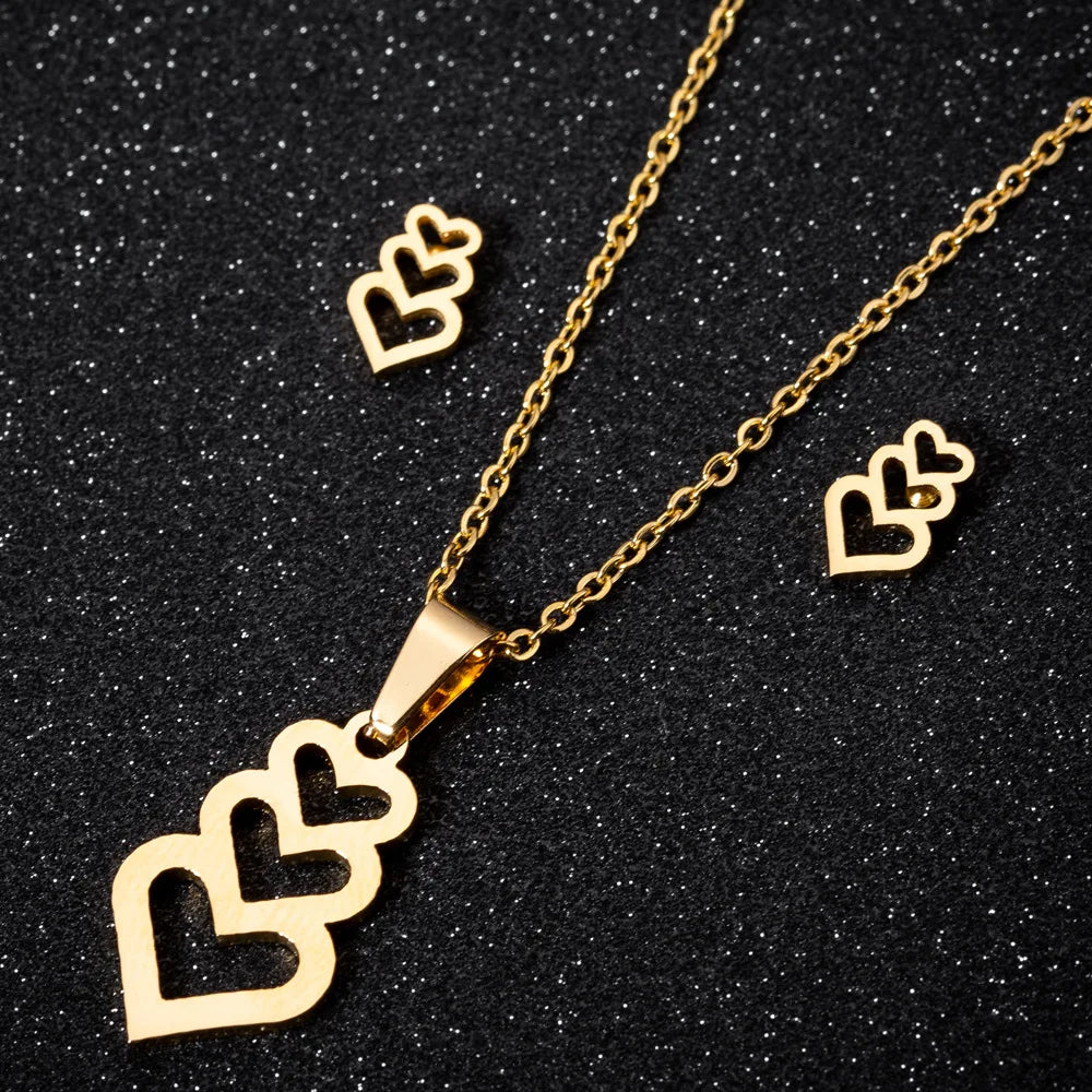 Heart Pendant Necklace and Heart Hoop Earrings Studs Gold Plated Stainless Steel Jewelry Set for Women Girl Valentines Gift