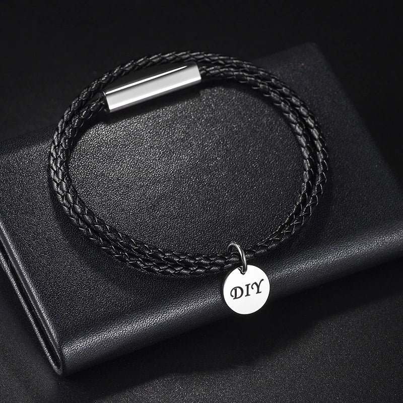 Zhongzhe Jewelry Custom Double Braided Leather Rope Medallion Pendant Women Man Bracelet DIY logo Stainless Steel Bracelet