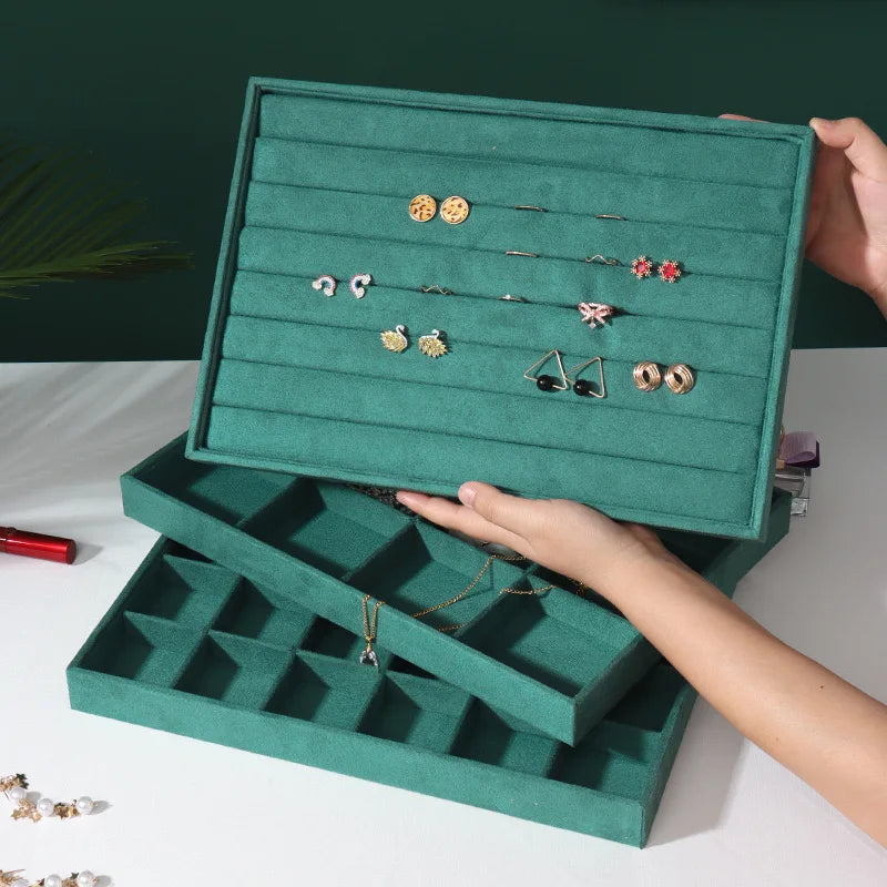 Hot Selling Velvet Jewelry Tray Large Luxury Stackable Drawer Ring Earrings Necklace Storage Tray Jewelry Display Trays