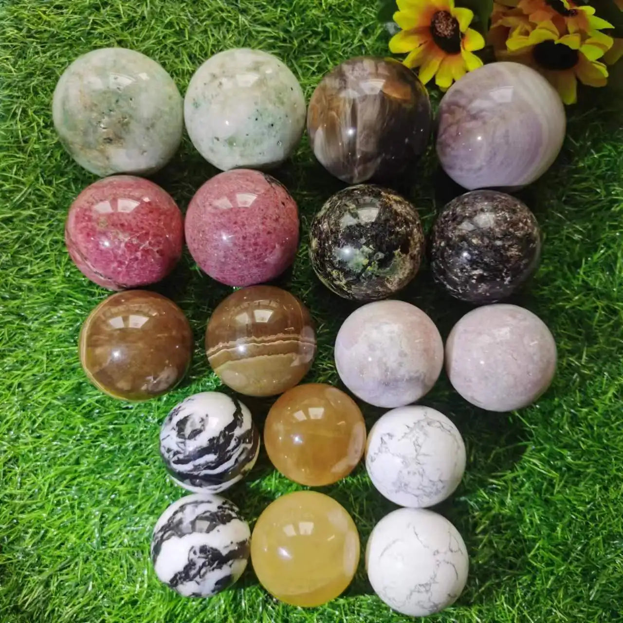 Natural Crystal Sphere Feng Shui Polished Chrysocolla Fluorite Rhodonite Mica Amber Flower Agate Pink Amethyst Yellow Calcite