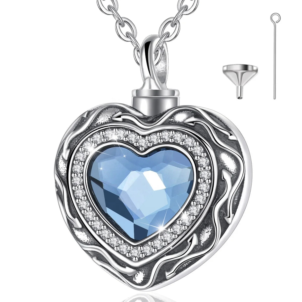 Blue Crystal Heart Shaped 925 Sterling Silver Keepsake Pet Ashes Memorial Cremation Jewelry Urn Pendant Necklace for Women
