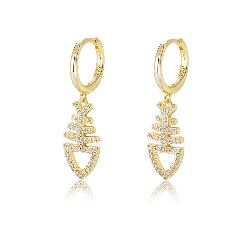 New Fashion 925 Sterling Silver Jewelry Gold Plated Cubic Zirconia Fishbone Charm Huggie Earring