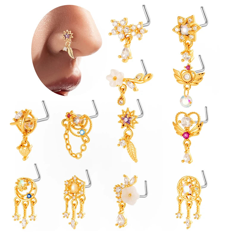 Hengsen 316 Stainless Steel Nose Ring CZ Flower Gold Crystal Pendant L-shaped Nose Stud Cartilage Nostril Piercing Jewelry