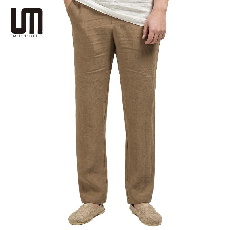 Liu Ming Fashion Streetwear Men Clothing Casual Breathable Solid Color Cotton Linen Trousers