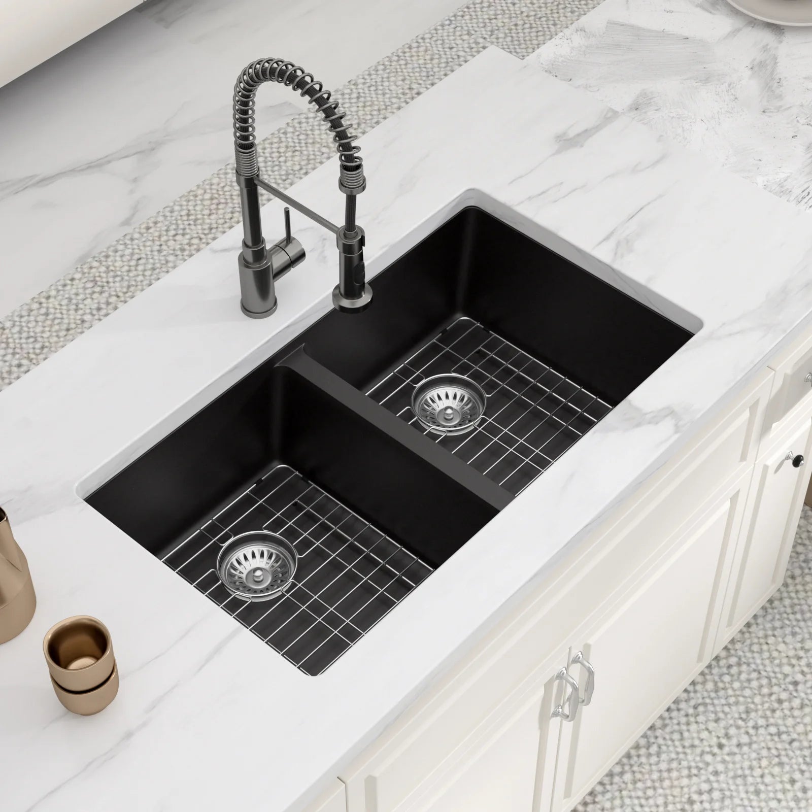Sarlai Group 33"x19" Quartz Composite  Undermount Matte Black 33 InchesDouble Bowls Washing Dishes Basin Granite  Kitchen Sink
