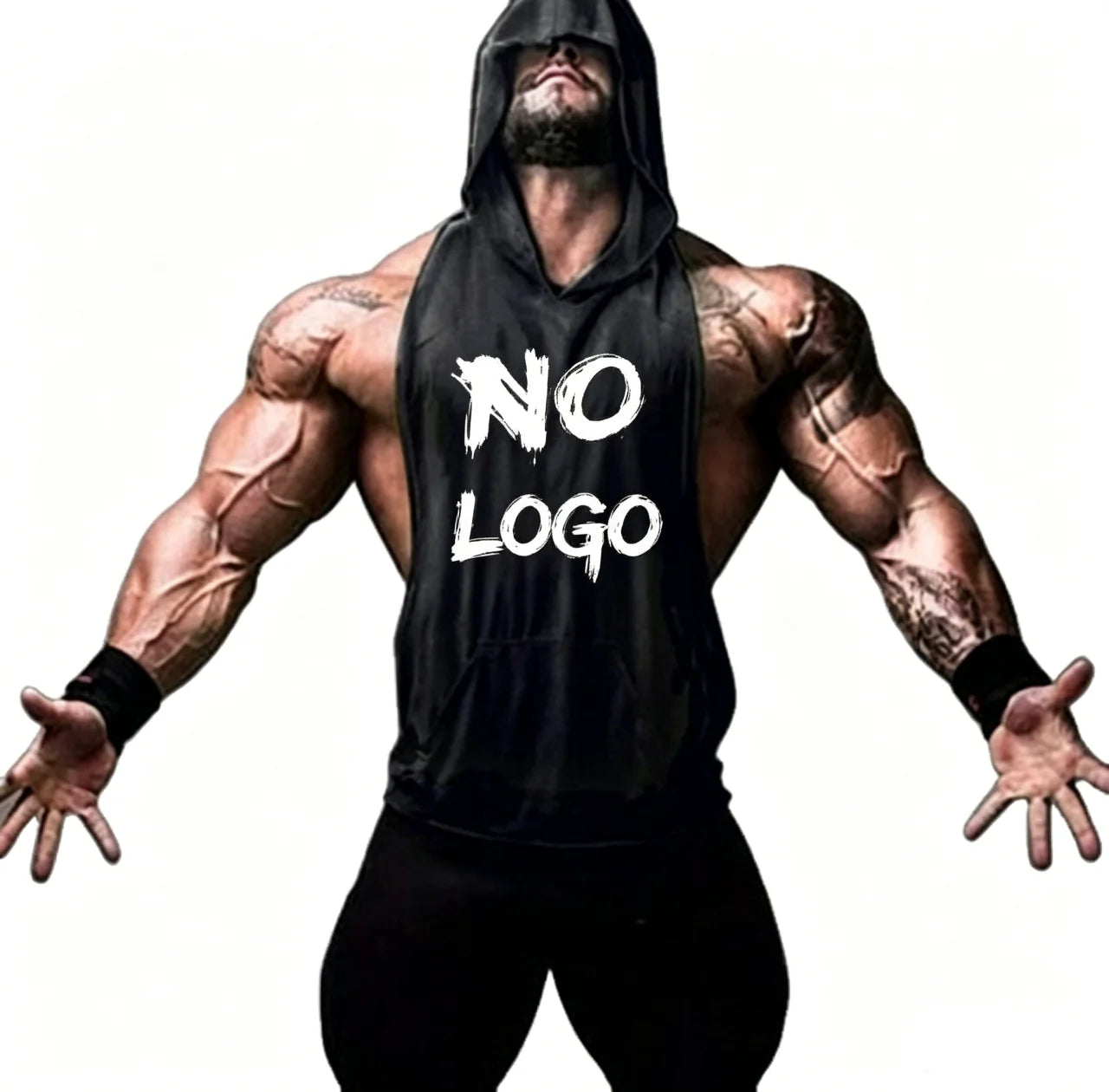 Custom Cotton Mens Breathable Hooded Sleeveless Vest Gym Fitness Stringers Black Bodybuilding Muscle Tank Top