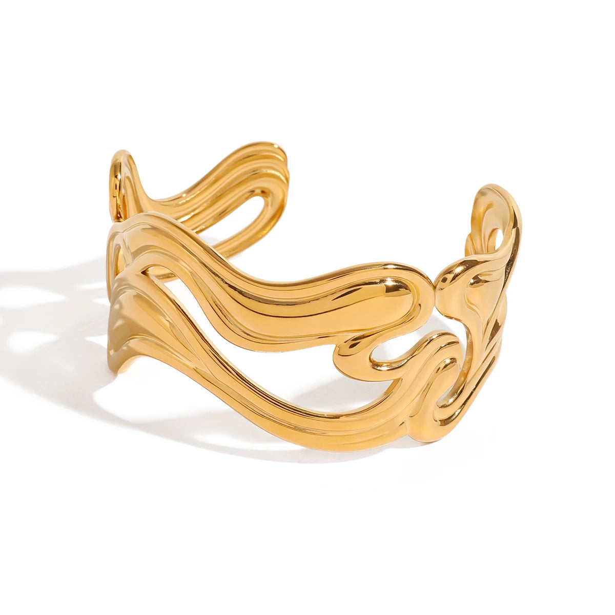 J&D Jewelry Double-layer Texture Cuff Bangle 18K PVD Gold Plated Stainless Steel Irregular Opening Bracelet