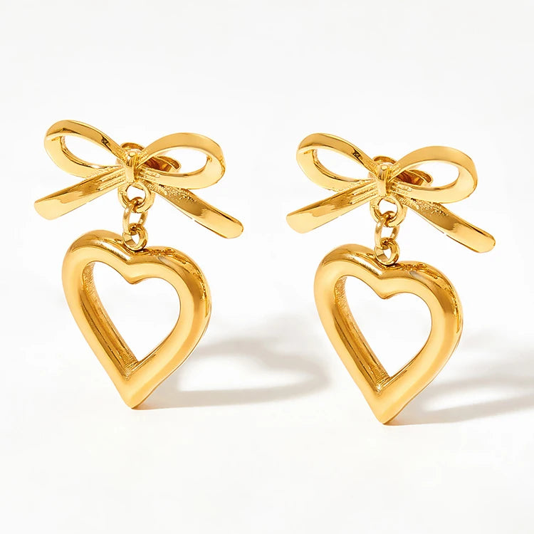 Korean Version Hot Sale Girly Heart-shaped Earrings Stainless Steel Earrings Sweet Cute Hollow Bow Earrings for Women