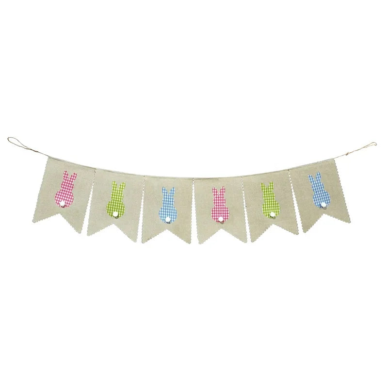 Gingham Rabbit Silhouette Printed Polyester Party Banner with Pompom Tail Swallowtail in Pink/Blue/Green for Easter Occasions
