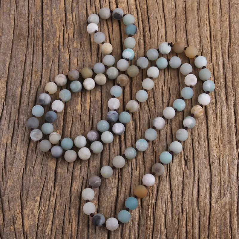 Beautiful Women Necklace 8mm Matt Amazonite  Long Knotted Frost Gemstone Necklace