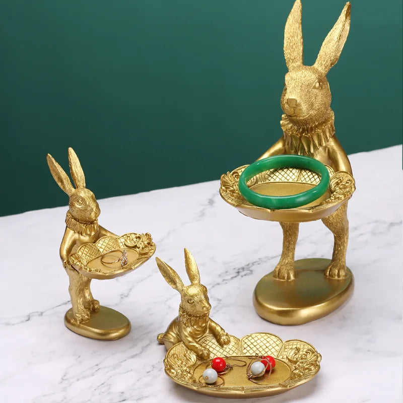Custom Chinese Mascot Animal Rabbit and Sheepdog Statue Resin Craft Gold Figurines Home Decoration Jewelry Display Stand