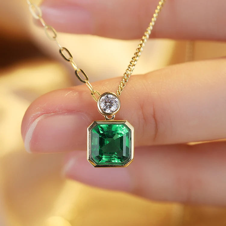Trendy 3CT Square Shape Lab Grown Emerald Real Gold Chains Jewelry 18k Solid Gold Necklace