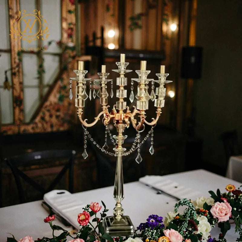 Retro Candelabras Electroplated Golden Crystal Candlestick Tall Metal Wedding Candle Holder for Party Decoration