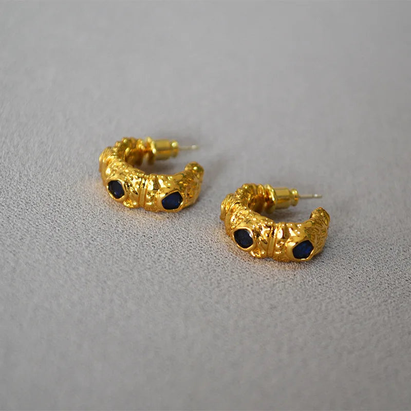 2022 Original Design French Vintage Style Textured lava Surface Hoop Earrings Brass Plated 18K Gold Natural Stone S925 Studs