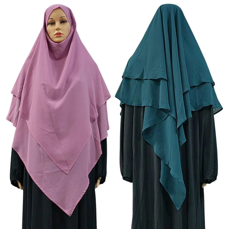 Long Khimar Pearl Chiffon 2+2 Laryer Muslim Shawl Hijab Headcarf Women One Piece Jilbab Jubha Islamic Clothing Prayer Garment