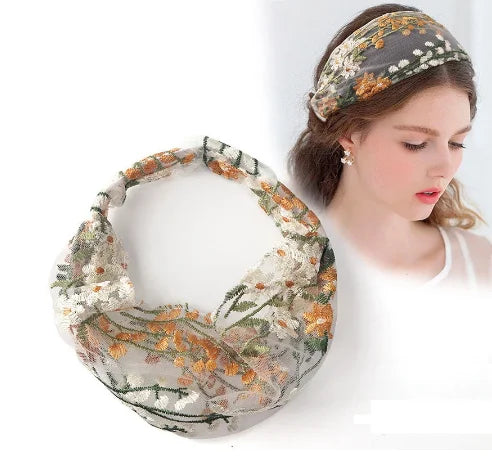 Wholesale New Creative Vintage Handmade Embroidery Lace Flower Hairband Girls Turban Elastic Headband Hair Accessories