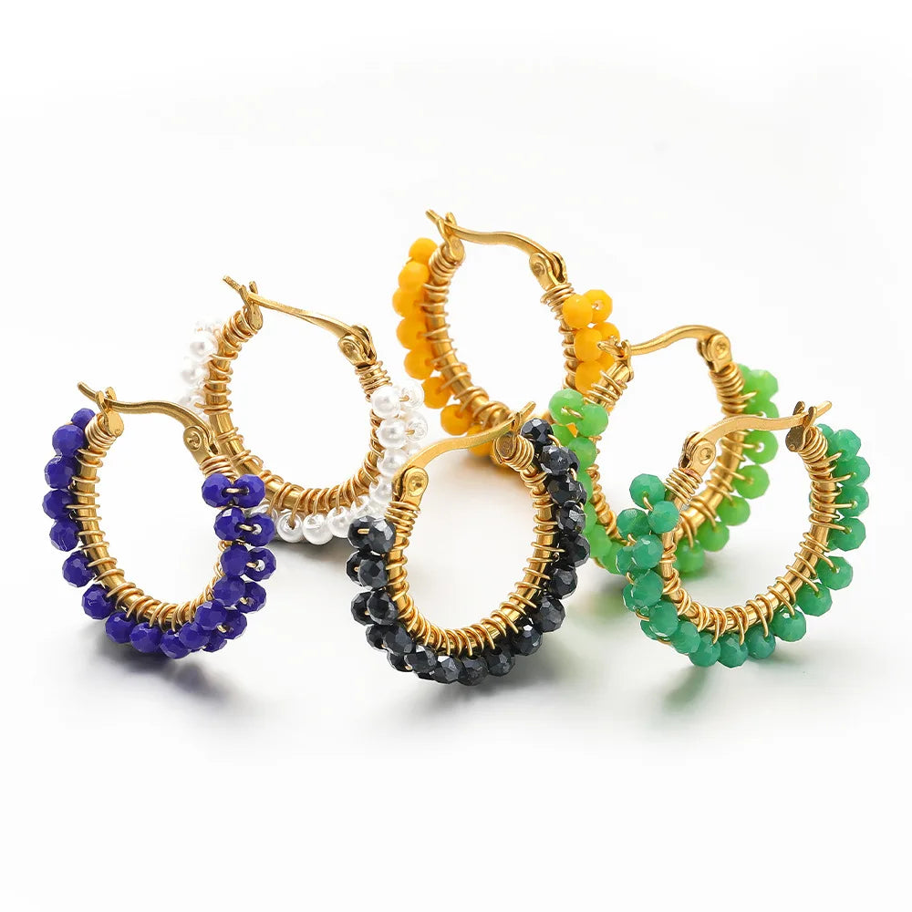 Trendy Beads Hoop Earrings Stainless Steel Gold Plated 25MM Bohemia Style C-Shaped Earrings Fashion Jewelry for Women