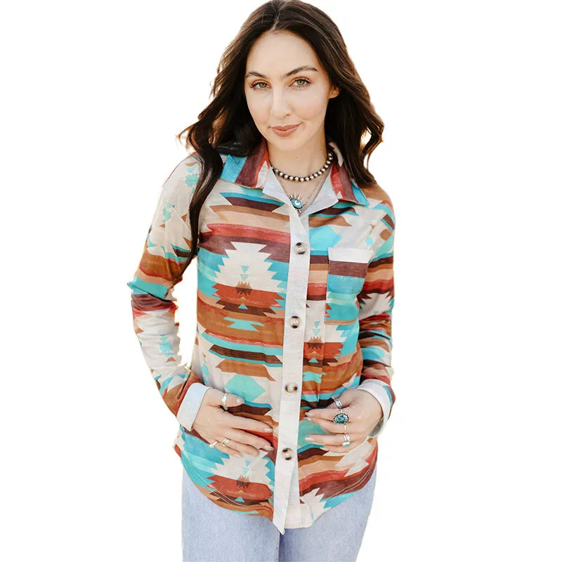 Wholesale 2026 Spring Fall Western Aztec Pattern Button up Collared Long Sleeve Tops Women's Blouses&Shirts Clothing