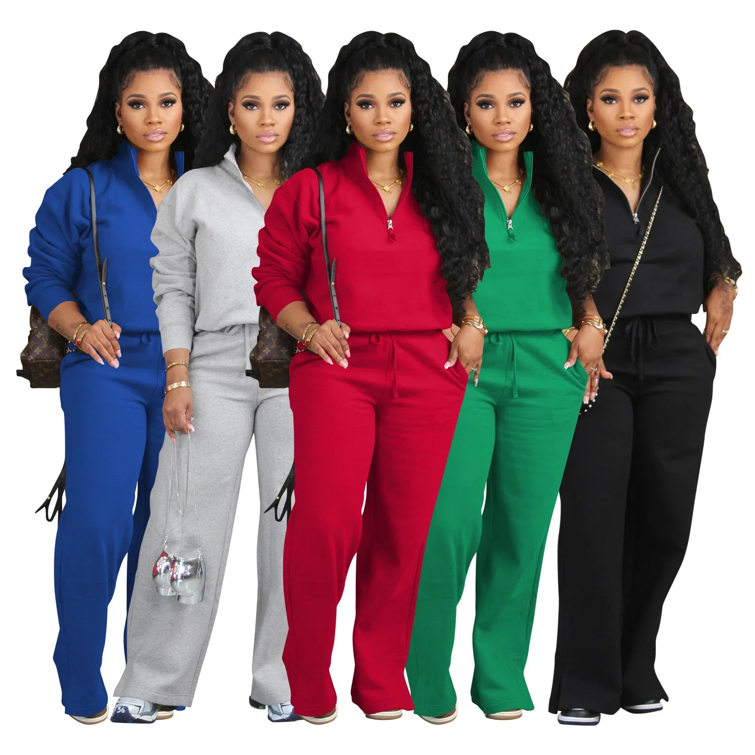Zipper Sweatshirt and Sweatpants Set Solid Color 2 Piece Jogger Set Fleece Women Tracksuits Two Piece Hoodie and Pants Set