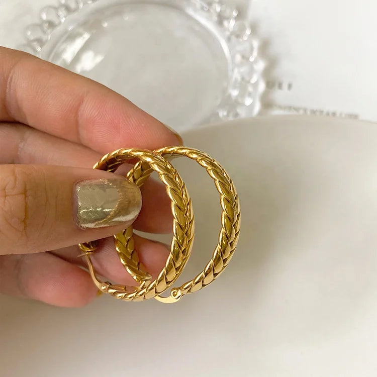 MICCI Wholesale 18K Gold Plated Stainless Steel Female Jewelry Wheat Designs Braid Round Hoop Earrings