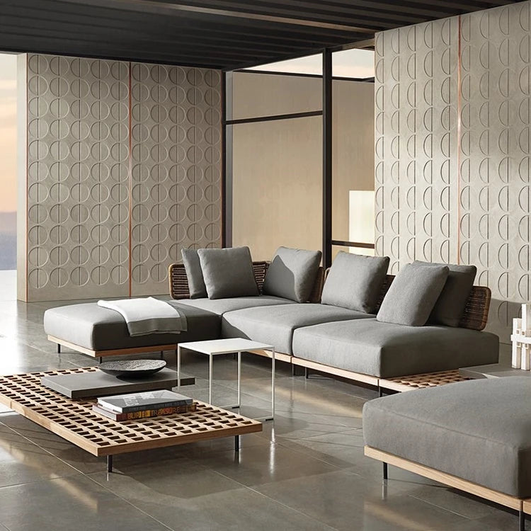 Solid OEM Teak Wood Furniture With Cushions Sofa Set Patio Hotel Sectional Bed Outdoor Sofa