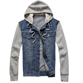 RNSHANGER Men Hooded Denim Jacket Autumn Mens Casual Hat Detachable Jean Coats Streetwear Cowboy Male Slim Pocket Jacket