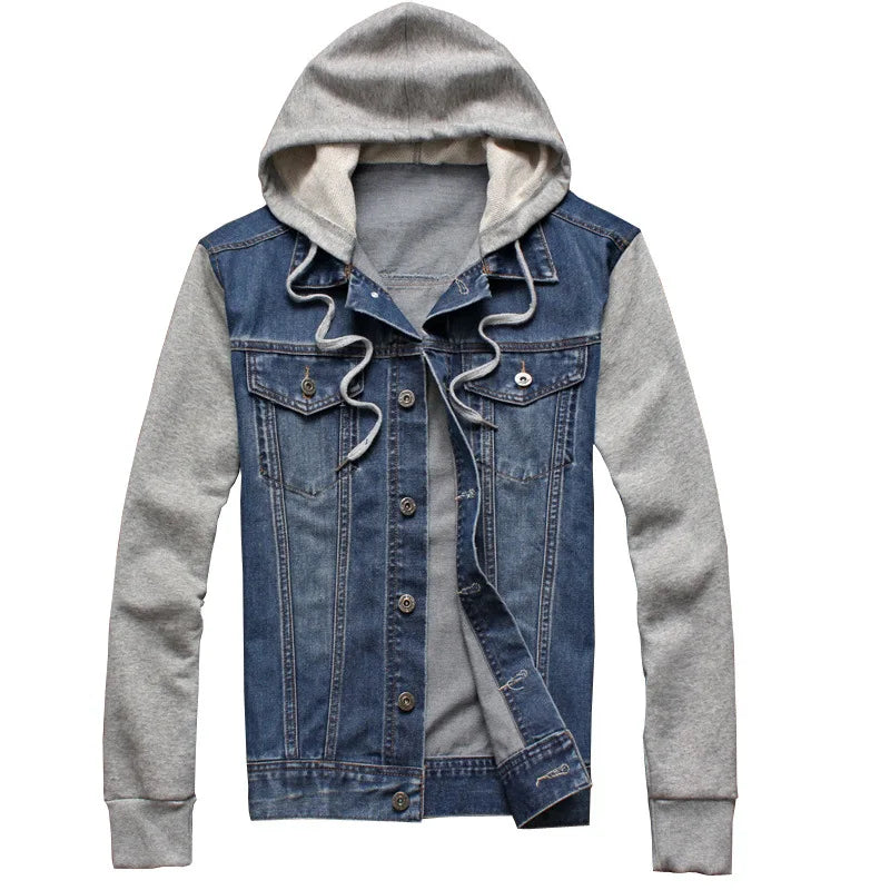 RNSHANGER Men Hooded Denim Jacket Autumn Mens Casual Hat Detachable Jean Coats Streetwear Cowboy Male Slim Pocket Jacket