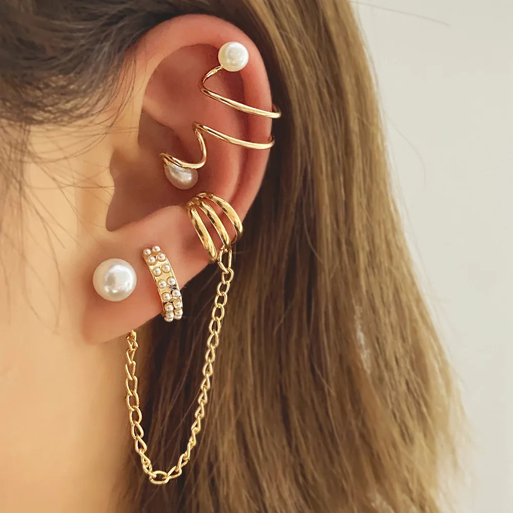 New Design Women Gold Plated Small Hoop Pearl Earring Sets Tassels Snake-shaped Dangle Earrings Ear Clips For Women