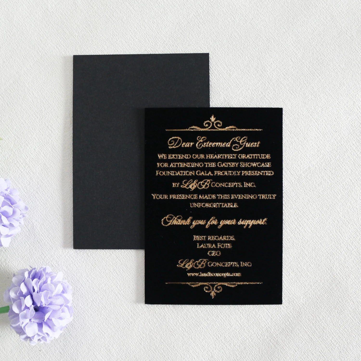 Custom Design Black Velvet Greeting Card Invitation Card with Gold Foil Text for Wedding Event Menu Card
