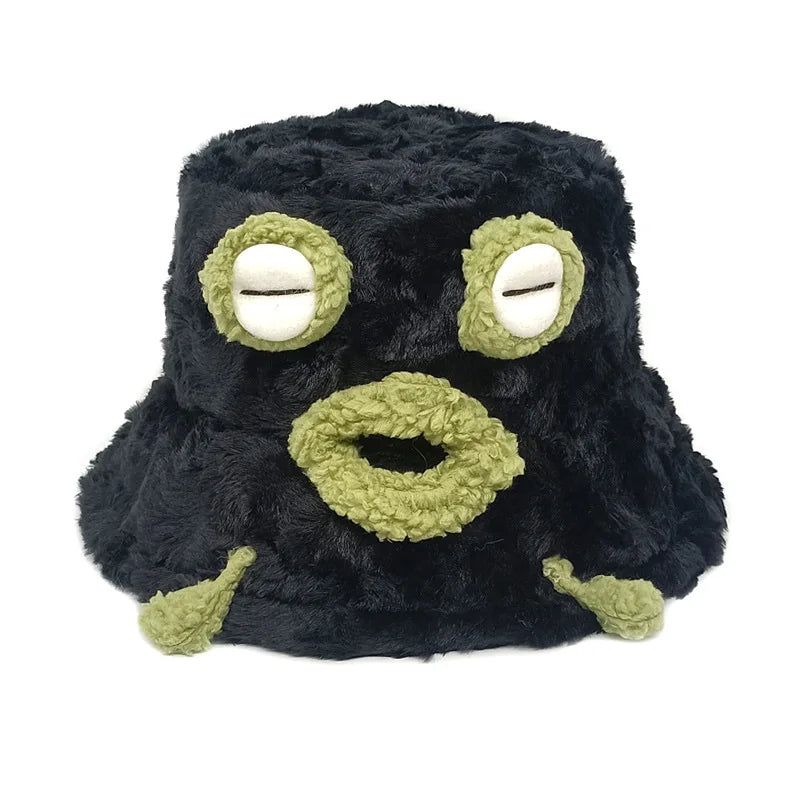 New Frog-yed Monster Fisherman Hat Plush Bucket Hat Cartoon Eyes Winter Push Warm Fisherman Bucket Hat