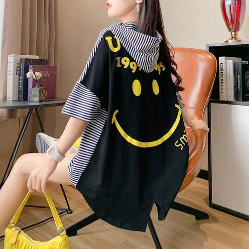 #0824 Spliced Color Hooded T Shirt for Women Loose Front Pockets Long T Shirt Female Cute Striped T Shirts Female Short Sleeves