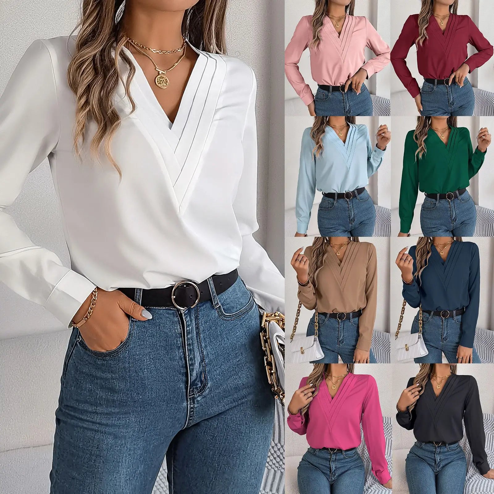 2026 Spring and Summer Elegant Solid Color Layered V-Neck Long Sleeve Shirt Women's Summer Blouses