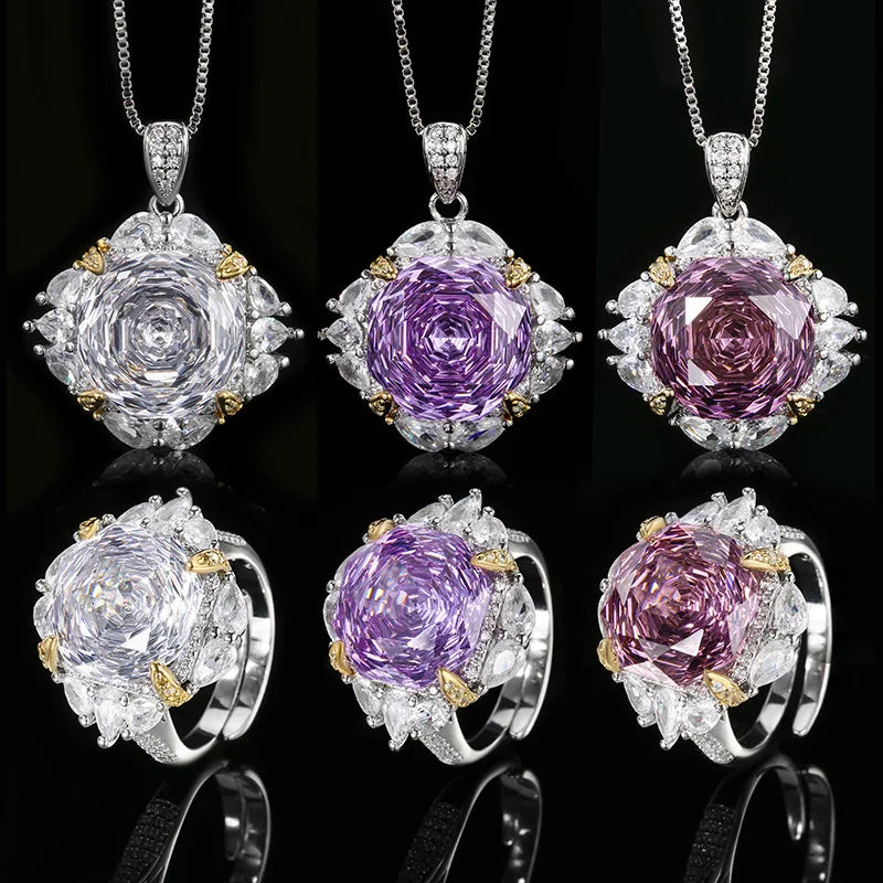 Luxurious Elegant Violet Rose Necklace Earrings Pearlescent Zirconia Necklace Wedding Engagement Jewelry